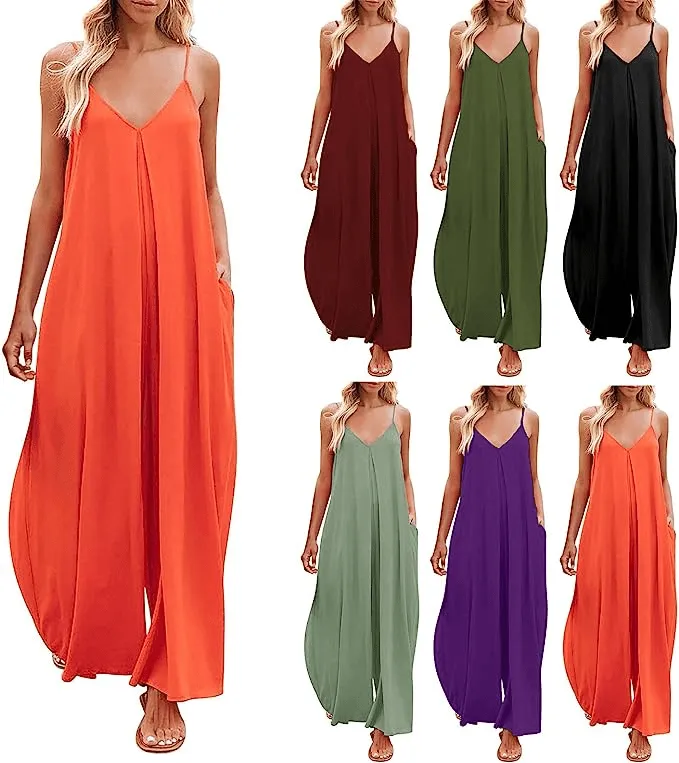 Large Size Casual Tie Solid Color Spaghetti Strap Jumpsuit